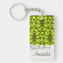 brown bird and lime green damask pattern rectangle acrylic keychains