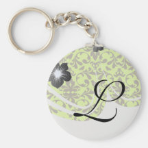brown bird and lime green damask pattern keychain