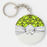 brown bird and lime green damask pattern keychain