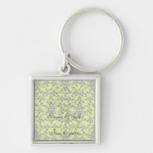 brown bird and lime green damask pattern keychains