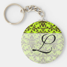 brown bird and lime green damask pattern keychains