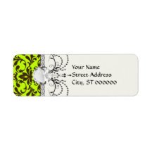 brown bird and lime green damask pattern return address label