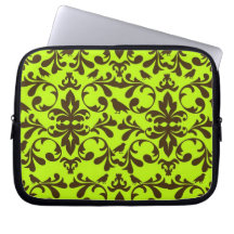 brown bird and lime green damask pattern computer sleeves