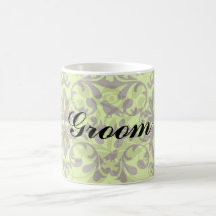 brown bird and lime green damask pattern mugs