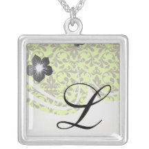 brown bird and lime green damask pattern necklace