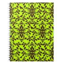 brown bird and lime green damask pattern spiral notebooks