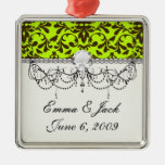 brown bird and lime green damask pattern ornament