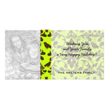 brown bird and lime green damask pattern photo card template