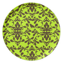 brown bird and lime green damask pattern party plate