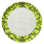 brown bird and lime green damask pattern dinner plate