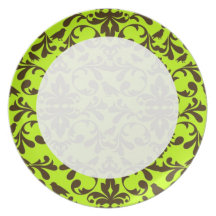 brown bird and lime green damask pattern dinner plate