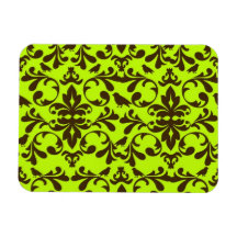 brown bird and lime green damask pattern rectangular magnets