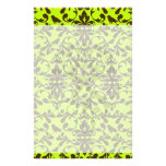 brown bird and lime green damask pattern stationery paper