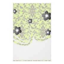 brown bird and lime green damask pattern stationery design