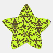 brown bird and lime green damask pattern star stickers