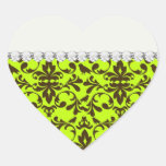 brown bird and lime green damask pattern heart sticker