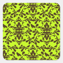 brown bird and lime green damask pattern sticker