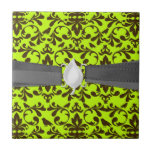 brown bird and lime green damask pattern ceramic tile