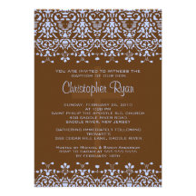 Brown & Blue Damask Baptism Invitation
