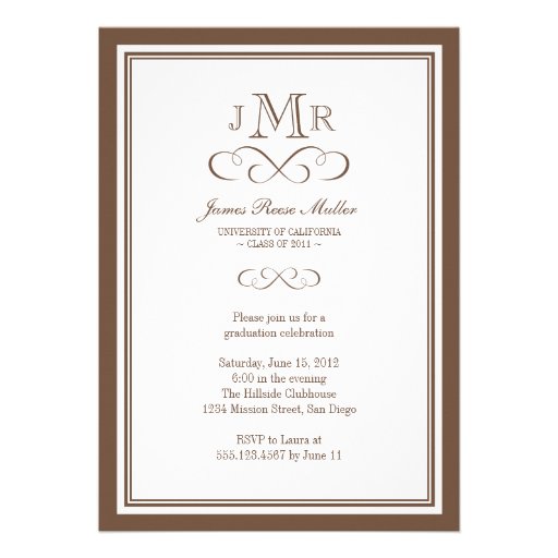 Brown border frame classy monogram graduation custom announcement