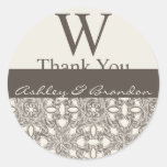 Brown Cream Damask Monogram Wedding Favour Tags Round Stickers