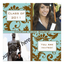 Brown & Damask Aqua Blue Graduation Invitation