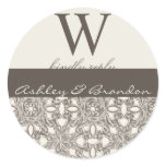 Brown Damask Monogram Wedding RSVP Stickers