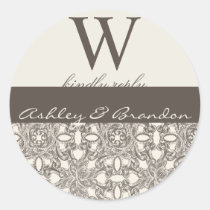 Brown Damask Monogram Wedding RSVP Stickers stickers