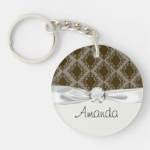 brown diamond damask pattern round acrylic key chains