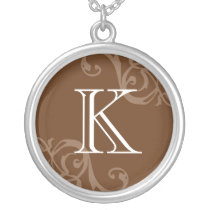Brown flourish initial monogram letter charm necklaces