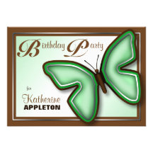 Brown Green Butterfly Birthday Party Invitations