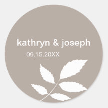 Brown grey modern leaves name wedding favour label round sticker