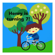 Brown Hair Boy on Bicycle Birthday Invitation