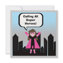 Brown Hair Girl Super Hero Birthday Invitation