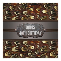 Brown Metal Feathers Mans 40th Birthday Party Personalized Invites