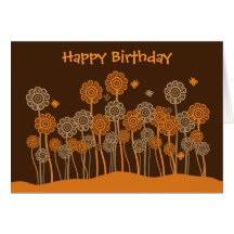 Brown & orange retro flowers Birthday card