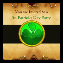 BROWN  PARCHMENT & GREEN SHAMROCK JEWEL ,black invitations