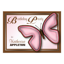 Brown Pink Butterfly Birthday Party Invitations