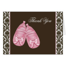 Brown Pink Damask Satin Booties Baby Girl Thank Yo Cards