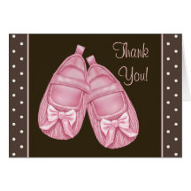 Brown Pink Satin Booties Baby Girl Thank You Cards