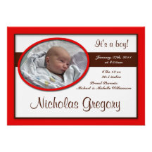 Brown Stripe Red Birth Announcements