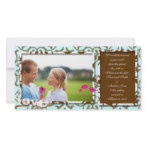Brown Swirl Damask & Gerbers on Blue Save The Date
