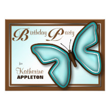 Brown Turquoise Butterfly Birthday Party Invites