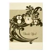 Brown Vintage Owl Family Thank You Notes Invites