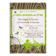 Brown Wood Grain Love Birds Apple Green Borders Personalized Invites