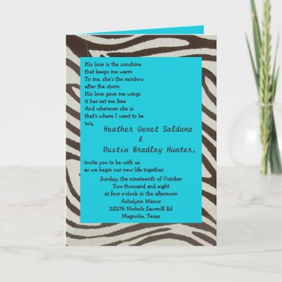 brown zebra Turquoise wedding invitation Greeting Card by dory 07