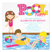 Brunette Girl Birthday Pool Party Invitation