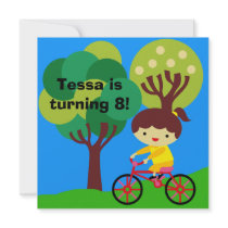 Brunette Girl on Bicycle Birthday Invitation