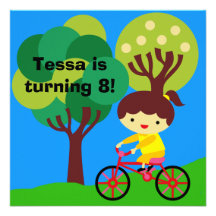 Brunette Girl on Bicycle Birthday Invitation