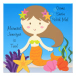 Brunette  Mermaid Custom Birthday Invitation